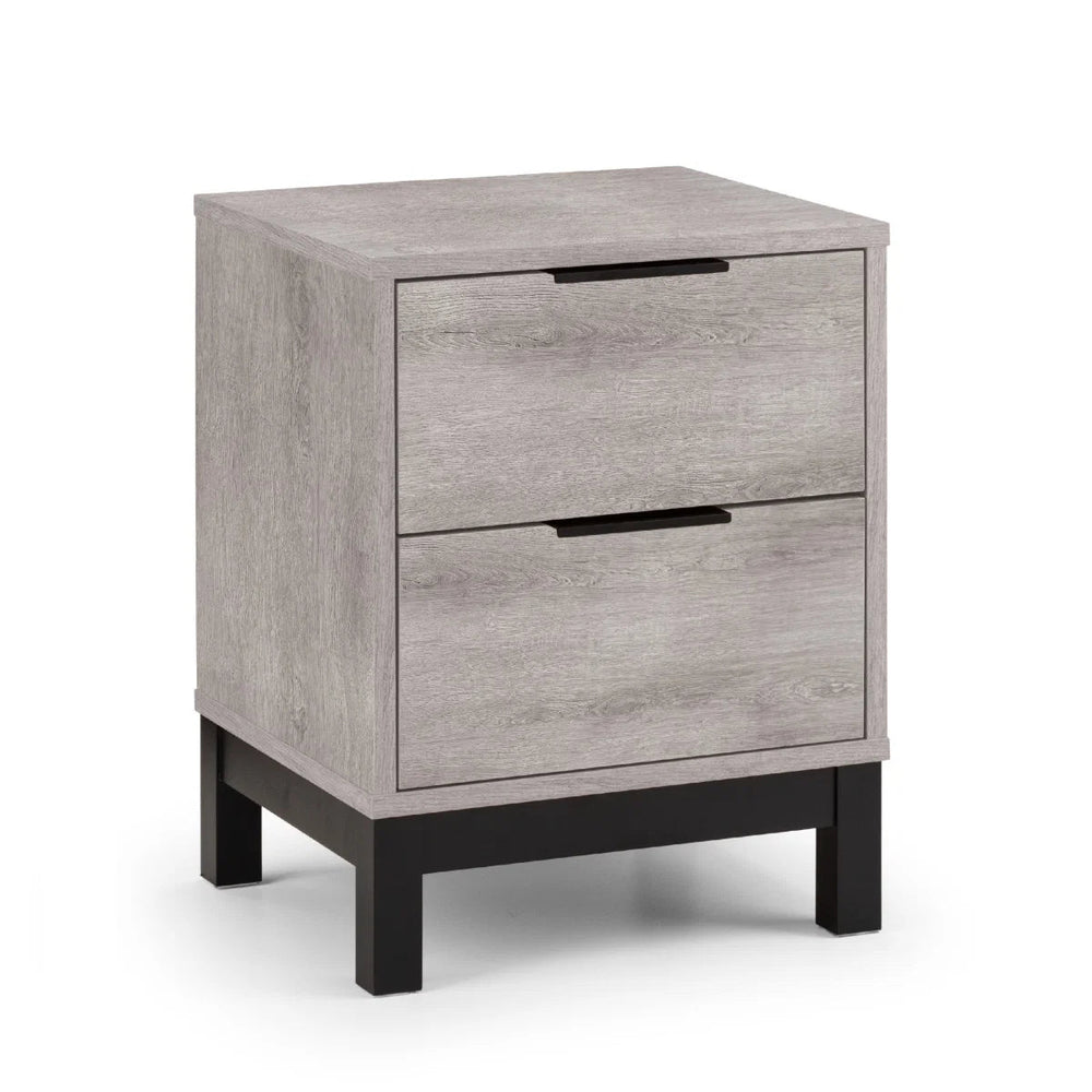 Julian Bowen Bali 2 Drawer Bedside Table – Grey Oak Finish with Black Handles & Legs | Industrial Bedroom Nightstand - Sleek Furniture