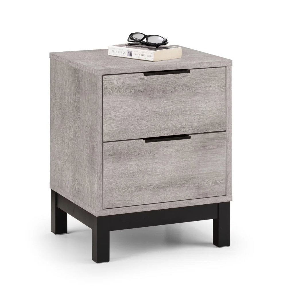 Julian Bowen Bali 2 Drawer Bedside Table – Grey Oak Finish with Black Handles & Legs | Industrial Bedroom Nightstand - Sleek Furniture