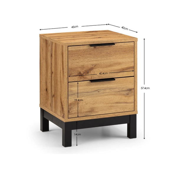 Julian Bowen Bali 2 Drawer Bedside Table – Oak Effect Nightstand with 2 Storage Drawers, Black Metal Legs & Handles, Modern Industrial Bedroom Furniture - Sleek Furniture