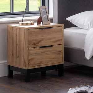 Julian Bowen Bali 2 Drawer Bedside Table – Oak Effect Nightstand with 2 Storage Drawers, Black Metal Legs & Handles, Modern Industrial Bedroom Furniture - Sleek Furniture
