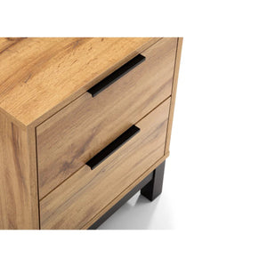 Julian Bowen Bali 2 Drawer Bedside Table – Oak Effect Nightstand with 2 Storage Drawers, Black Metal Legs & Handles, Modern Industrial Bedroom Furniture - Sleek Furniture