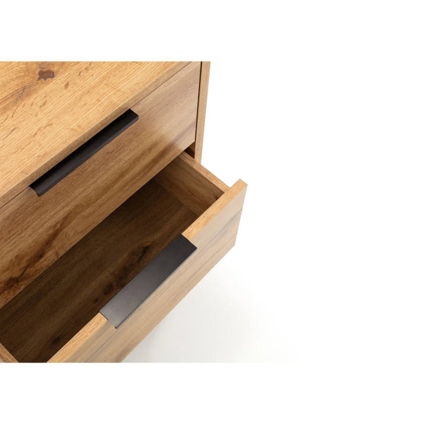 Julian Bowen Bali 2 Drawer Bedside Table – Oak Effect Nightstand with 2 Storage Drawers, Black Metal Legs & Handles, Modern Industrial Bedroom Furniture - Sleek Furniture