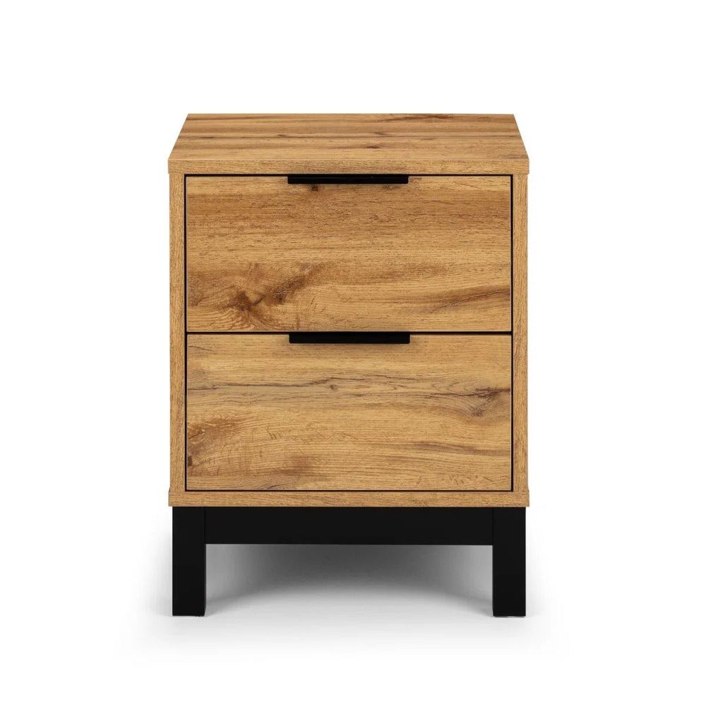 Julian Bowen Bali 2 Drawer Bedside Table – Oak Effect Nightstand with 2 Storage Drawers, Black Metal Legs & Handles, Modern Industrial Bedroom Furniture - Sleek Furniture