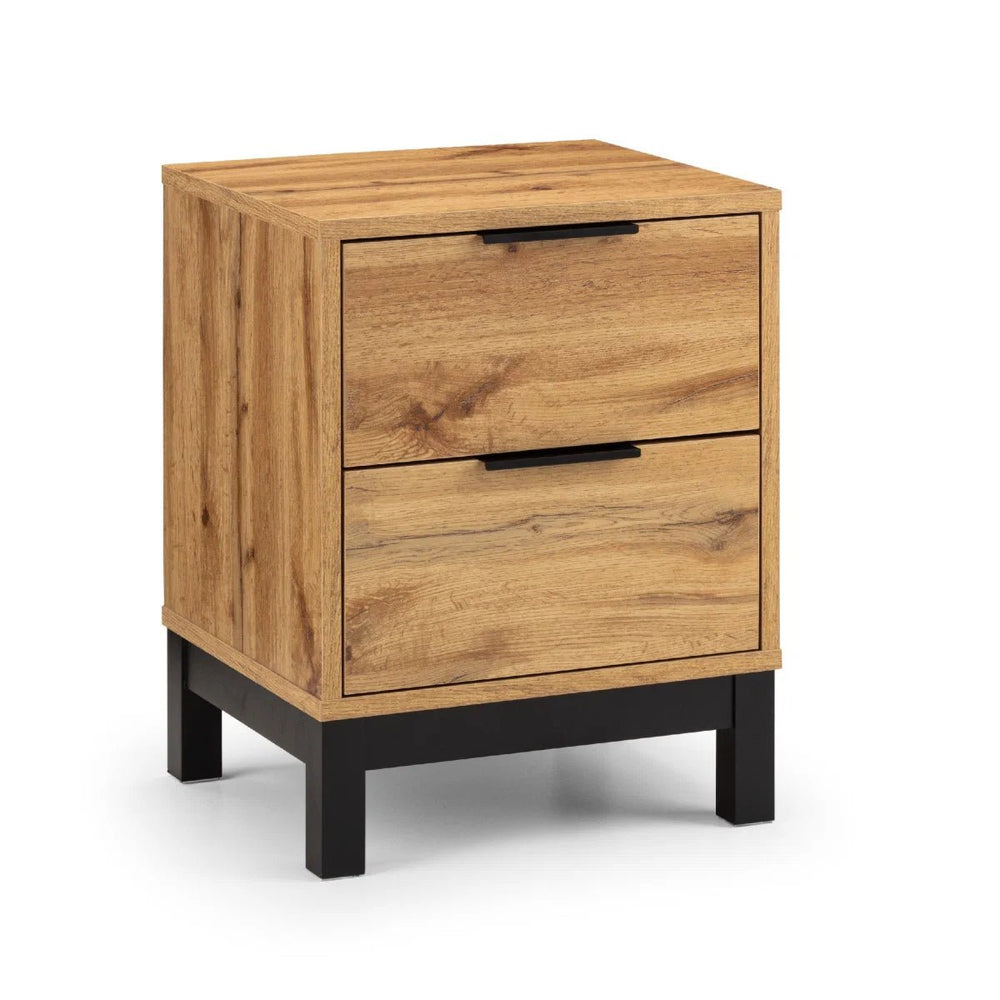 Julian Bowen Bali 2 Drawer Bedside Table – Oak Effect Nightstand with 2 Storage Drawers, Black Metal Legs & Handles, Modern Industrial Bedroom Furniture - Sleek Furniture