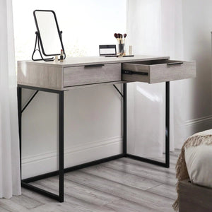 Julian Bowen Bali 2 Drawer Dressing Table Desk with Grey Oak Finish & Black Metal Legs - Sleek Furniture