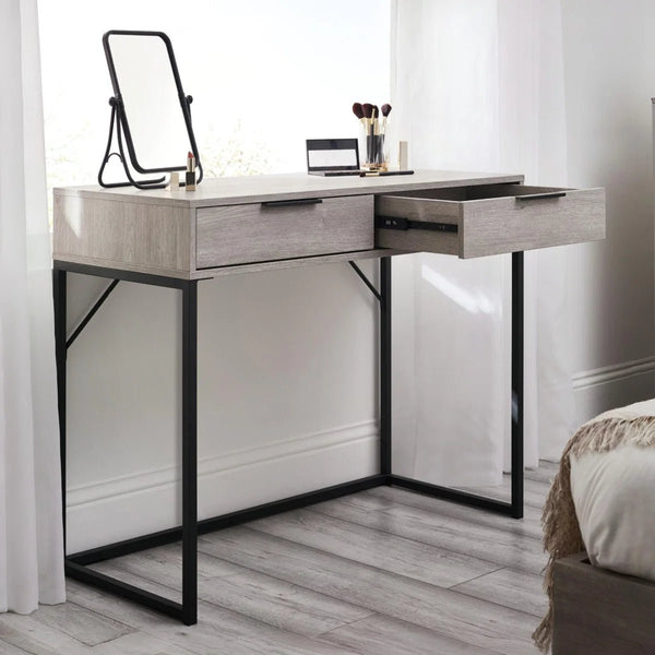 Julian Bowen Bali 2 Drawer Dressing Table Desk with Grey Oak Finish & Black Metal Legs - Sleek Furniture