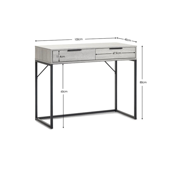 Julian Bowen Bali 2 Drawer Dressing Table Desk with Grey Oak Finish & Black Metal Legs - Sleek Furniture
