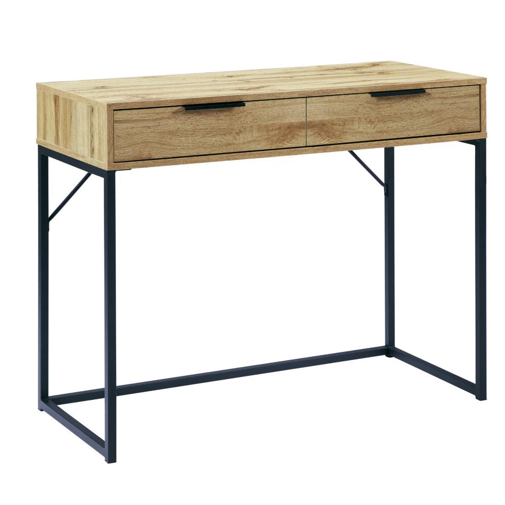 Julian Bowen Bali 2 Drawer Dressing Table Desk with Oak Effect Finish & Black Metal Legs - Sleek Furniture