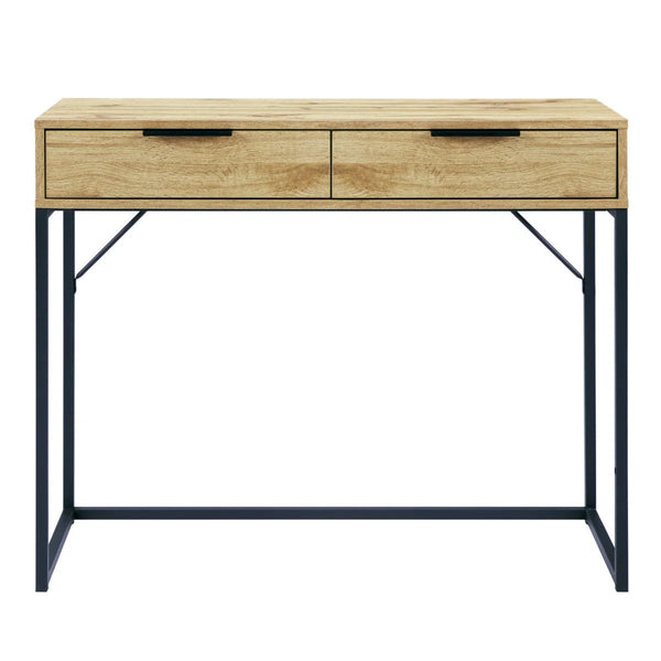 Julian Bowen Bali 2 Drawer Dressing Table Desk with Oak Effect Finish & Black Metal Legs - Sleek Furniture