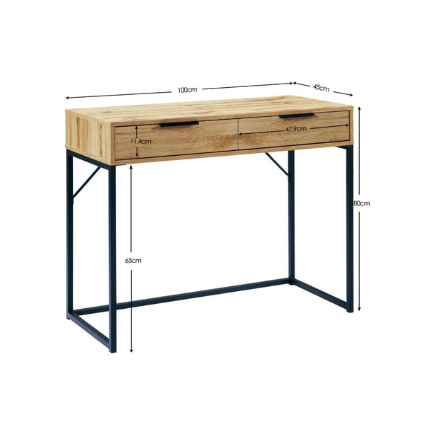 Julian Bowen Bali 2 Drawer Dressing Table Desk with Oak Effect Finish & Black Metal Legs - Sleek Furniture
