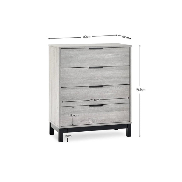 Julian Bowen Bali 4 Drawer Chest Grey Oak Industrial Storage Cabinet - Sleek Furniture