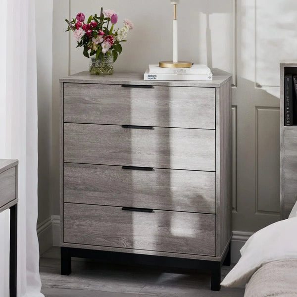 Julian Bowen Bali 4 Drawer Chest Grey Oak Industrial Storage Cabinet - Sleek Furniture