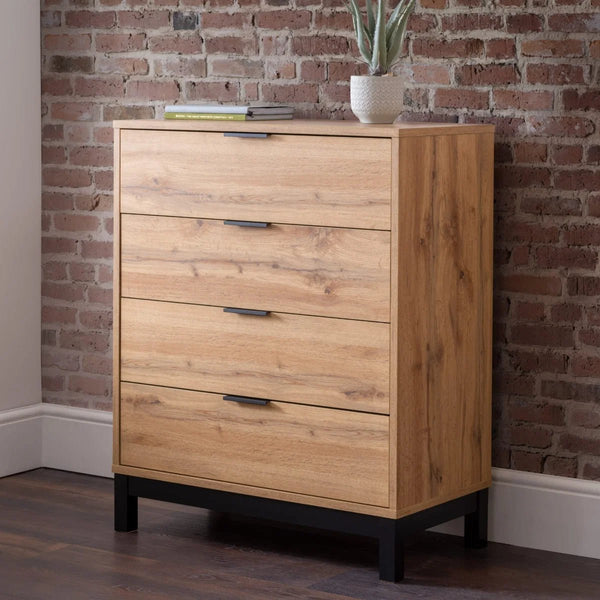 Julian Bowen Bali 4 Drawer Chest of Drawers – Modern Oak Finish Storage Dresser with Black Handles & Industrial Style - Sleek Furniture