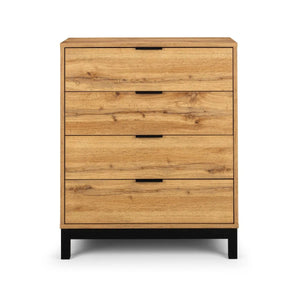 Julian Bowen Bali 4 Drawer Chest of Drawers – Modern Oak Finish Storage Dresser with Black Handles & Industrial Style - Sleek Furniture
