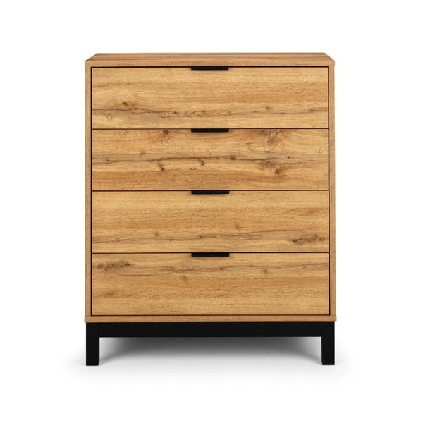 Julian Bowen Bali 4 Drawer Chest of Drawers – Modern Oak Finish Storage Dresser with Black Handles & Industrial Style - Sleek Furniture