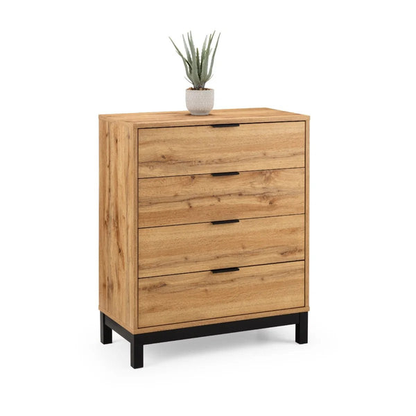 Julian Bowen Bali 4 Drawer Chest of Drawers – Modern Oak Finish Storage Dresser with Black Handles & Industrial Style - Sleek Furniture