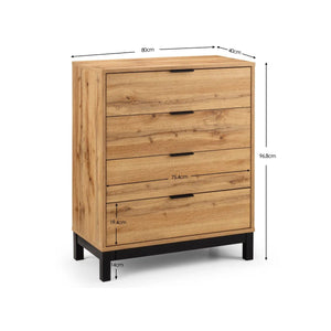 Julian Bowen Bali 4 Drawer Chest of Drawers – Modern Oak Finish Storage Dresser with Black Handles & Industrial Style - Sleek Furniture