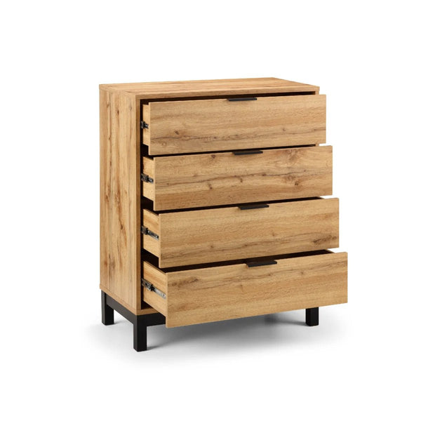 Julian Bowen Bali 4 Drawer Chest of Drawers – Modern Oak Finish Storage Dresser with Black Handles & Industrial Style - Sleek Furniture