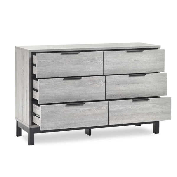 Julian Bowen Bali 6 Drawer Wide Chest – Grey Oak Industrial Chest of Drawers with Black Handles & Legs - Sleek Furniture