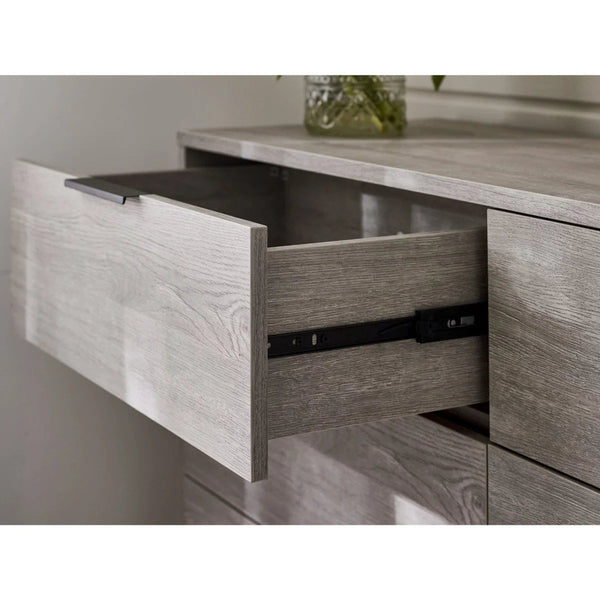 Julian Bowen Bali 6 Drawer Wide Chest – Grey Oak Industrial Chest of Drawers with Black Handles & Legs - Sleek Furniture