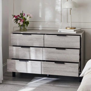 Julian Bowen Bali 6 Drawer Wide Chest – Grey Oak Industrial Chest of Drawers with Black Handles & Legs - Sleek Furniture