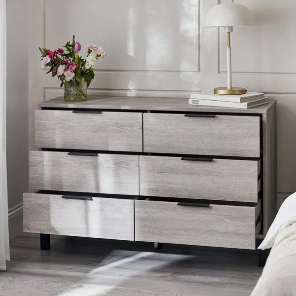 Julian Bowen Bali 6 Drawer Wide Chest – Grey Oak Industrial Chest of Drawers with Black Handles & Legs - Sleek Furniture