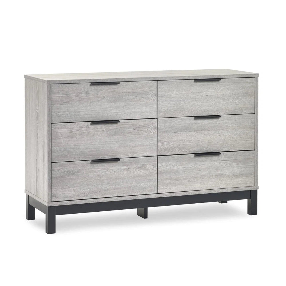 Julian Bowen Bali 6 Drawer Wide Chest – Grey Oak Industrial Chest of Drawers with Black Handles & Legs - Sleek Furniture