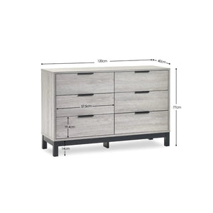 Julian Bowen Bali 6 Drawer Wide Chest – Grey Oak Industrial Chest of Drawers with Black Handles & Legs - Sleek Furniture