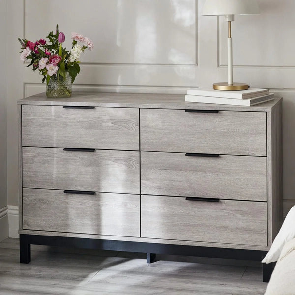 Julian Bowen Bali 6 Drawer Wide Chest – Grey Oak Industrial Chest of Drawers with Black Handles & Legs - Sleek Furniture