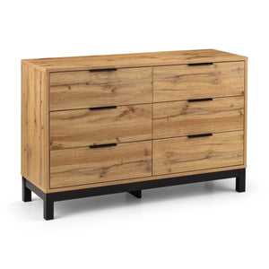 Julian Bowen Bali 6 Drawer Wide Chest of Drawers in Oak Effect with Black Legs & Rattan Drawer Fronts | Industrial Bedroom Storage Cabinet - Sleek Furniture