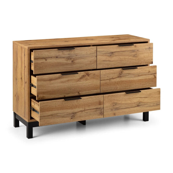 Julian Bowen Bali 6 Drawer Wide Chest of Drawers in Oak Effect with Black Legs & Rattan Drawer Fronts | Industrial Bedroom Storage Cabinet - Sleek Furniture