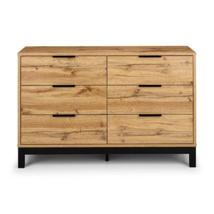 Julian Bowen Bali 6 Drawer Wide Chest of Drawers in Oak Effect with Black Legs & Rattan Drawer Fronts | Industrial Bedroom Storage Cabinet - Sleek Furniture