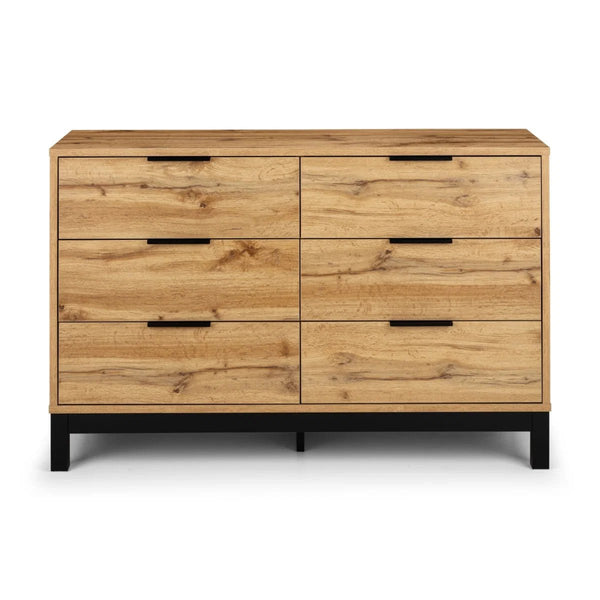 Julian Bowen Bali 6 Drawer Wide Chest of Drawers in Oak Effect with Black Legs & Rattan Drawer Fronts | Industrial Bedroom Storage Cabinet - Sleek Furniture