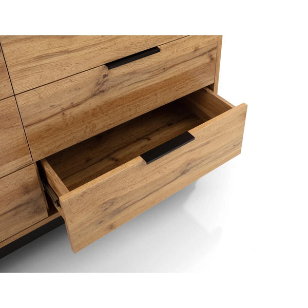 Julian Bowen Bali 6 Drawer Wide Chest of Drawers in Oak Effect with Black Legs & Rattan Drawer Fronts | Industrial Bedroom Storage Cabinet - Sleek Furniture