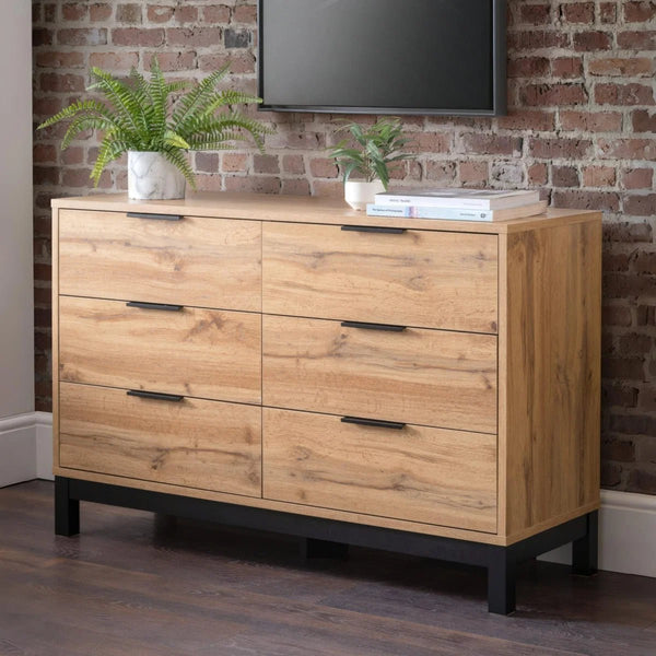 Julian Bowen Bali 6 Drawer Wide Chest of Drawers in Oak Effect with Black Legs & Rattan Drawer Fronts | Industrial Bedroom Storage Cabinet - Sleek Furniture