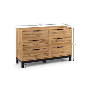 Julian Bowen Bali 6 Drawer Wide Chest of Drawers in Oak Effect with Black Legs & Rattan Drawer Fronts | Industrial Bedroom Storage Cabinet - Sleek Furniture
