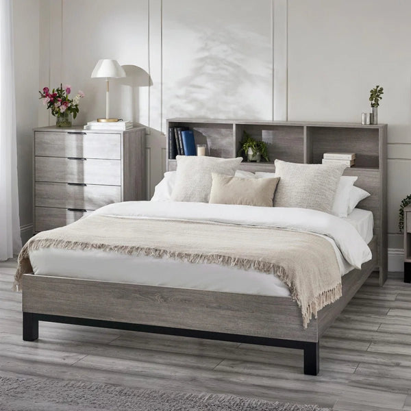 Julian Bowen Bali Grey Oak Bookcase Headboard Bed Frame with Storage – 90cm Single - Sleek Furniture