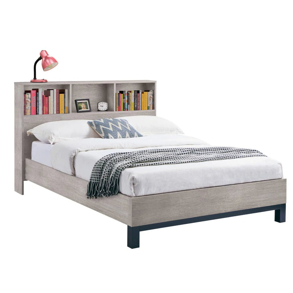 Julian Bowen Bali Grey Oak Bookcase Headboard Bed Frame with Storage Shelves & Industrial Design - Sleek Furniture