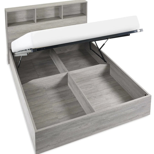 Julian Bowen Bali Grey Oak Ottoman Storage Bed with Bookcase Headboard & Gas Lift Storage – Single Bed Frame - Sleek Furniture