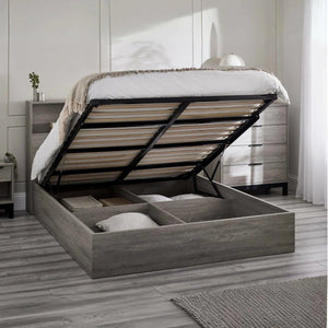 Julian Bowen Bali Grey Oak Ottoman Storage Bed with Bookcase Headboard & Gas Lift Storage – Single Bed Frame - Sleek Furniture