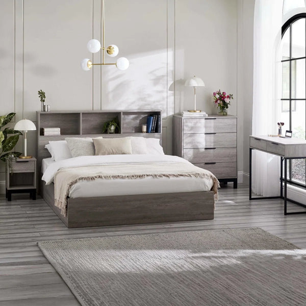 Julian Bowen Bali Grey Oak Ottoman Storage Bed with Bookcase Headboard & Gas Lift Storage – Single Bed Frame - Sleek Furniture