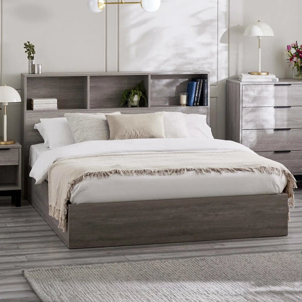 Julian Bowen Bali Grey Oak Ottoman Storage Bed with Bookcase Headboard & Gas Lift Storage – Single Bed Frame - Sleek Furniture