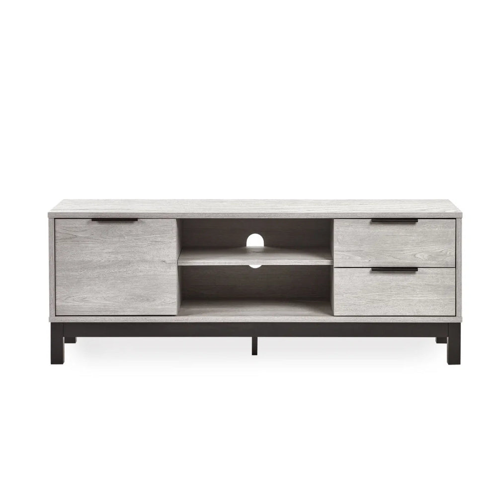 Julian Bowen Bali Grey Oak TV Unit with Cupboard, 2 Drawers & Open Shelving | Industrial Entertainment Stand - Sleek Furniture