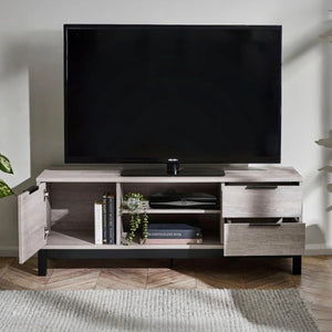 Julian Bowen Bali Grey Oak TV Unit with Cupboard, 2 Drawers & Open Shelving | Industrial Entertainment Stand - Sleek Furniture