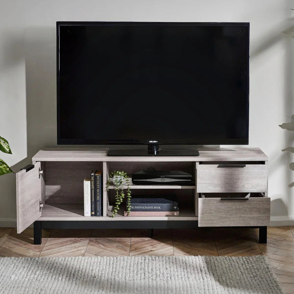 Julian Bowen Bali Grey Oak TV Unit with Cupboard, 2 Drawers & Open Shelving | Industrial Entertainment Stand - Sleek Furniture