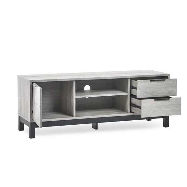 Julian Bowen Bali Grey Oak TV Unit with Cupboard, 2 Drawers & Open Shelving | Industrial Entertainment Stand - Sleek Furniture