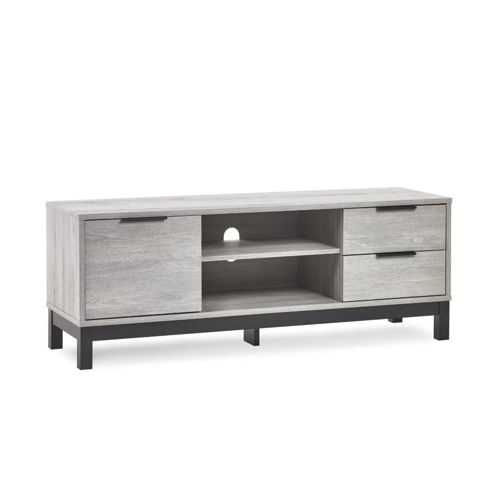 Julian Bowen Bali Grey Oak TV Unit with Cupboard, 2 Drawers & Open Shelving | Industrial Entertainment Stand - Sleek Furniture