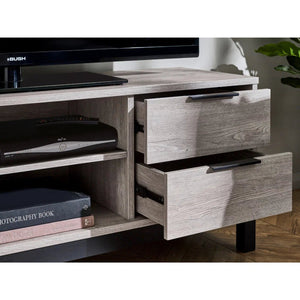 Julian Bowen Bali Grey Oak TV Unit with Cupboard, 2 Drawers & Open Shelving | Industrial Entertainment Stand - Sleek Furniture