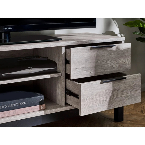 Julian Bowen Bali Grey Oak TV Unit with Cupboard, 2 Drawers & Open Shelving | Industrial Entertainment Stand - Sleek Furniture