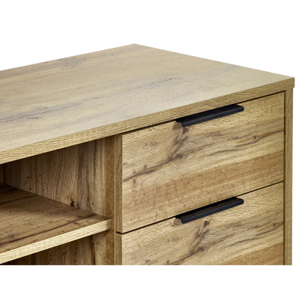 Julian Bowen Bali Oak TV Unit with Cupboard, 2 Drawers & Black Metal Legs - Sleek Furniture